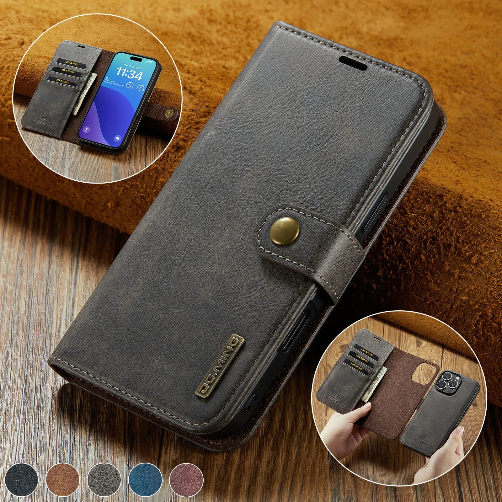 Premium Detachable Magnetic Leather Wallet iPhone Case – Card Holder, Shockproof Protection, and Stylish Flip Cover for Secure and Convenient Use