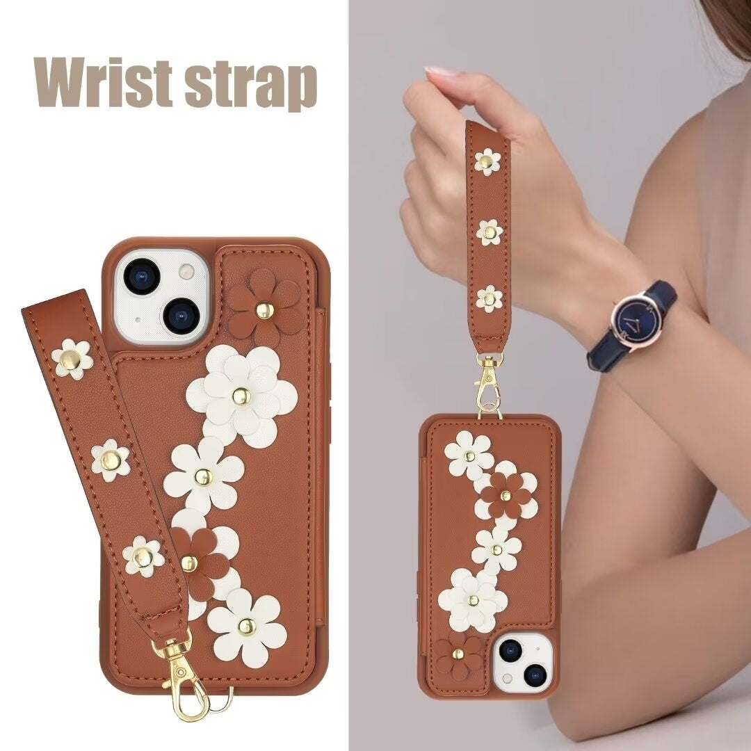 Luxury Crossbody Wallet Leather Phone Case – 3D Flower Design, Card Slot, Wrist Strap, Magnetic Closure, Protective Cover