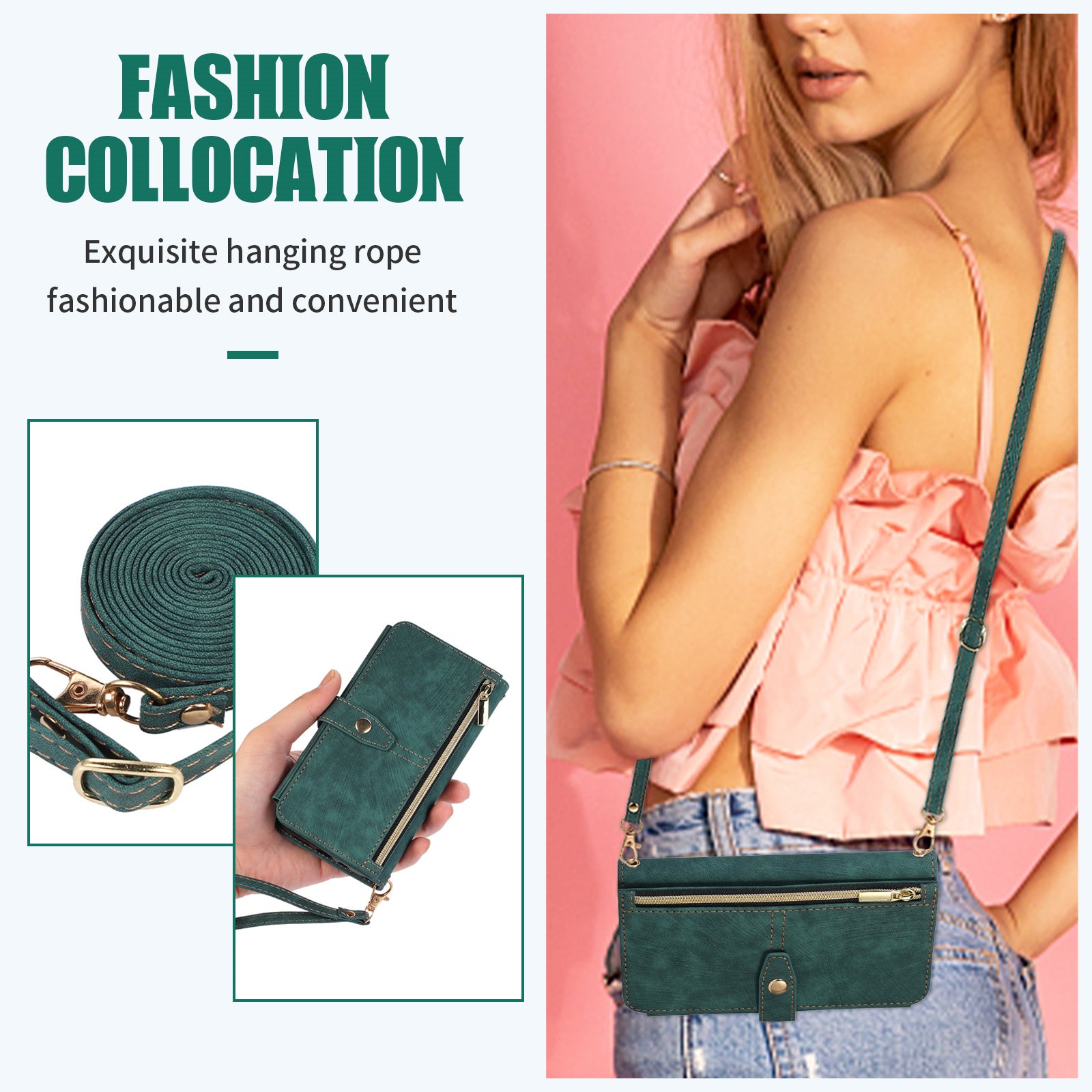 Luxury Crossbody Zipper Wallet Case – Leather Card Holder, Lanyard Strap, Magnetic Closure, Shockproof Flip Cover, Hands-Free Convenience for iPhone