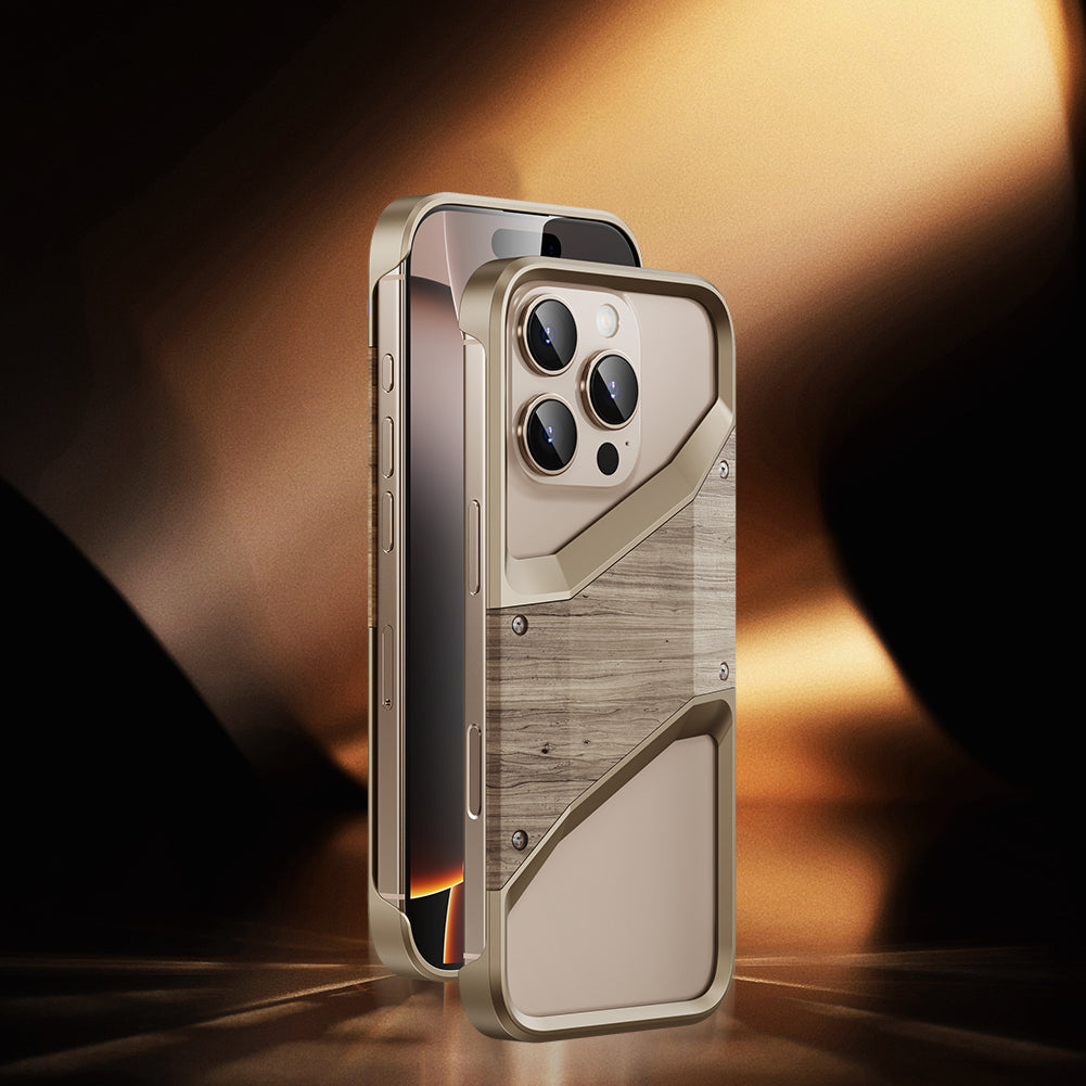 Irregular Metal Frame iPhone Case – Aluminum Alloy and Solid Wood Shockproof Frameless Cover for iPhone Models, Durable and Unique Design