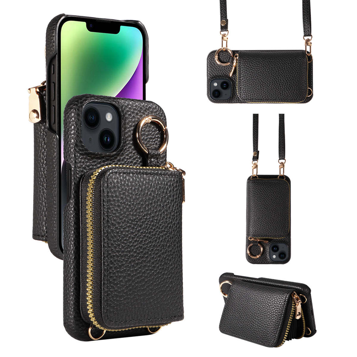 Luxury Zipper Wallet Crossbody iPhone Case – Leather Cover with Card Holder, Lanyard Strap, and Full Protection for iPhone Models