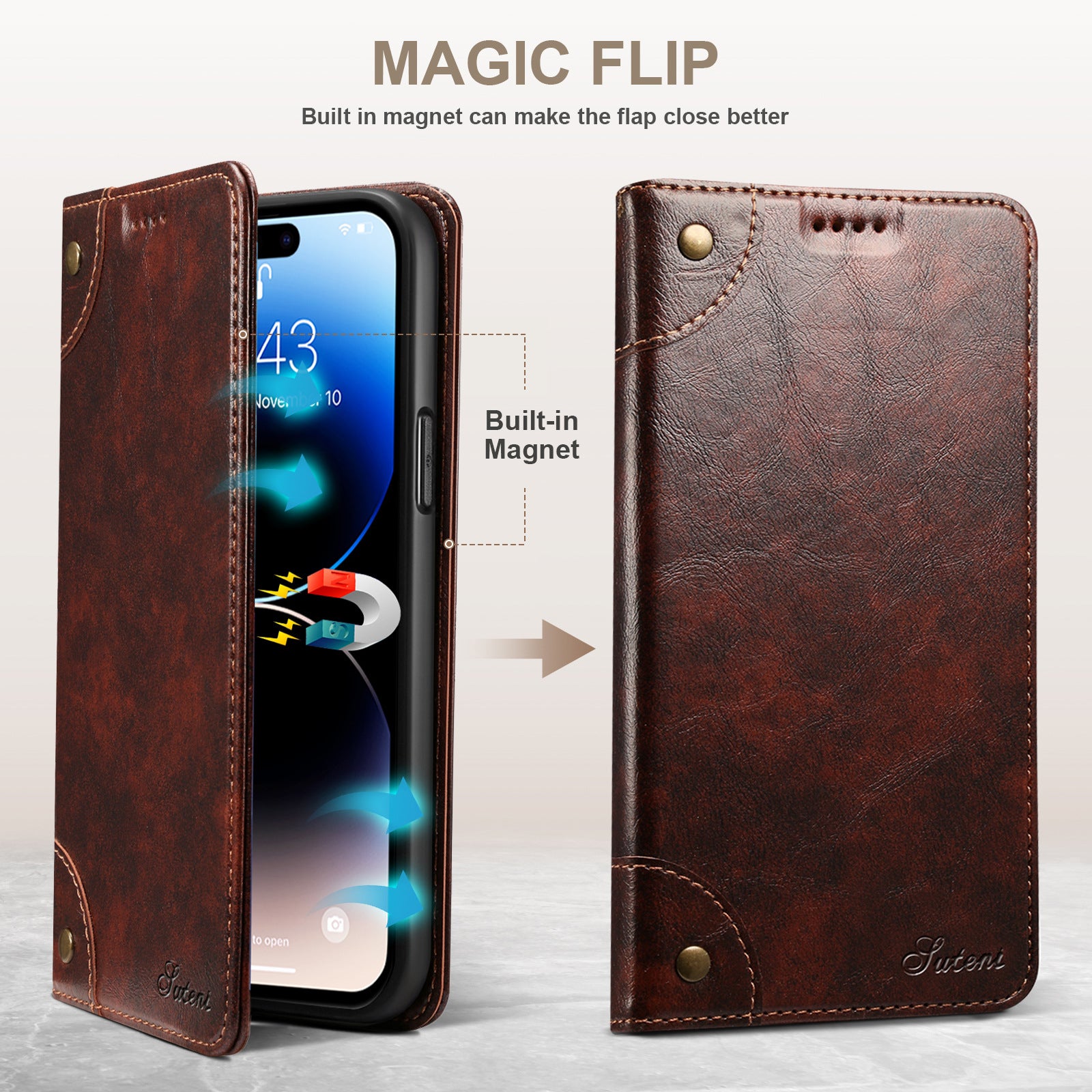 Retro Leather Flip Wallet Case – Magnetic Closure, Card Slots, Shockproof Protection, Elegant Vintage Design, Durable PU Leather Cover for iPhone