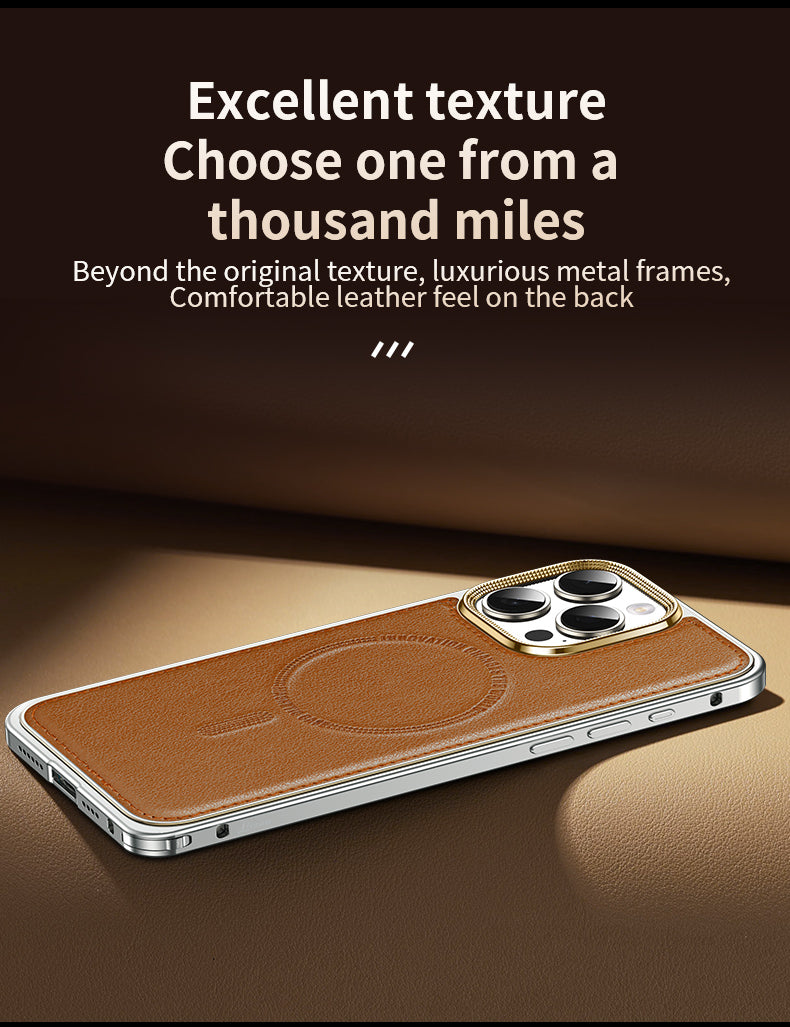 Luxury Leather MagSafe Phone Case Aluminum Alloy Frame with Leather Backplate Shockproof and Stylish Design for iPhone Models