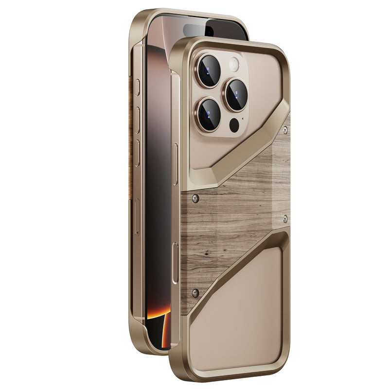 Irregular Metal Frame iPhone Case – Aluminum Alloy and Solid Wood Shockproof Frameless Cover for iPhone Models, Durable and Unique Design