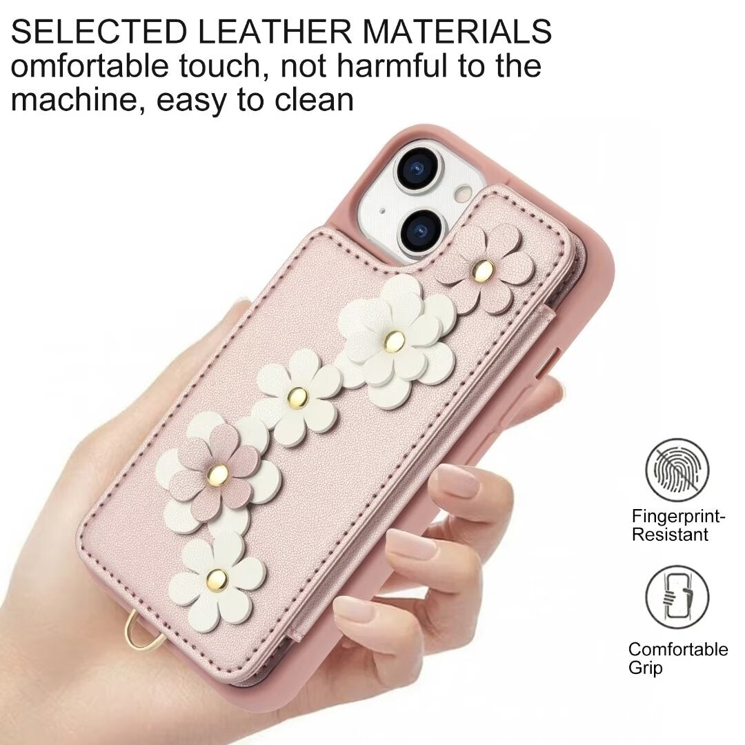 Luxury Crossbody Wallet Leather Phone Case – 3D Flower Design, Card Slot, Wrist Strap, Magnetic Closure, Protective Cover