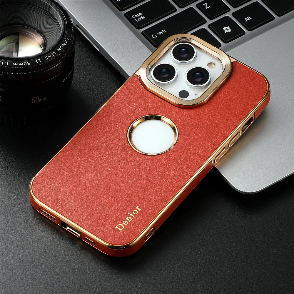 Luxury Business Cowhide Leather Case – Plating Shockproof Cover for iPhone Models, Sleek and Durable Design