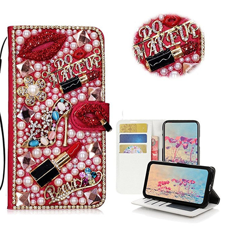 Luxury Bling Diamond Lipstick Wallet iPhone Case Flip Leather Cover with Card Slots, Rhinestone Design, Shockproof Protection