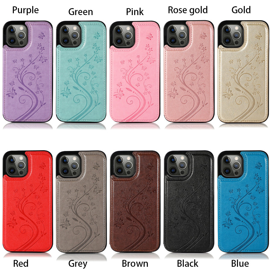 Luxury Wallet Butterfly Embossed Leather iPhone Case – Magnetic Flip, Card Slot, Stand Function, Shockproof Protective Cover