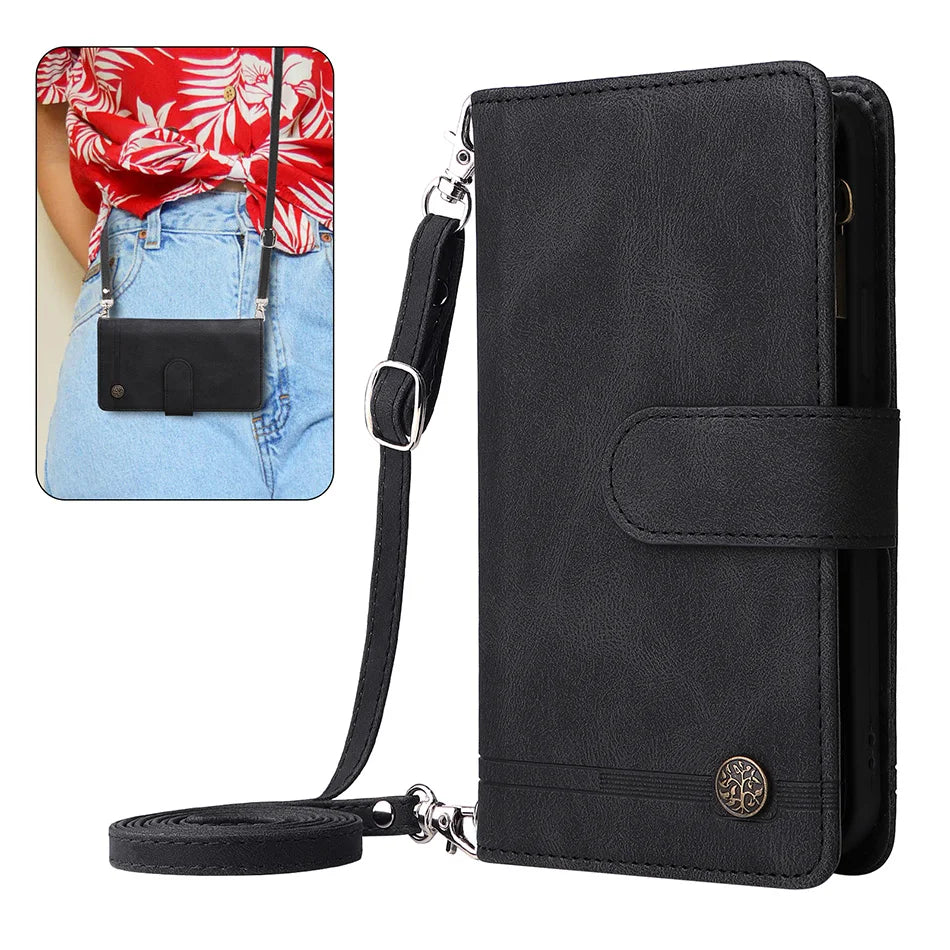 Premium Retro Flip Leather Case – Zipper Wallet, Multi-Card Slots, Necklace Lanyard, Magnetic Closure, Shockproof Protection for iPhone