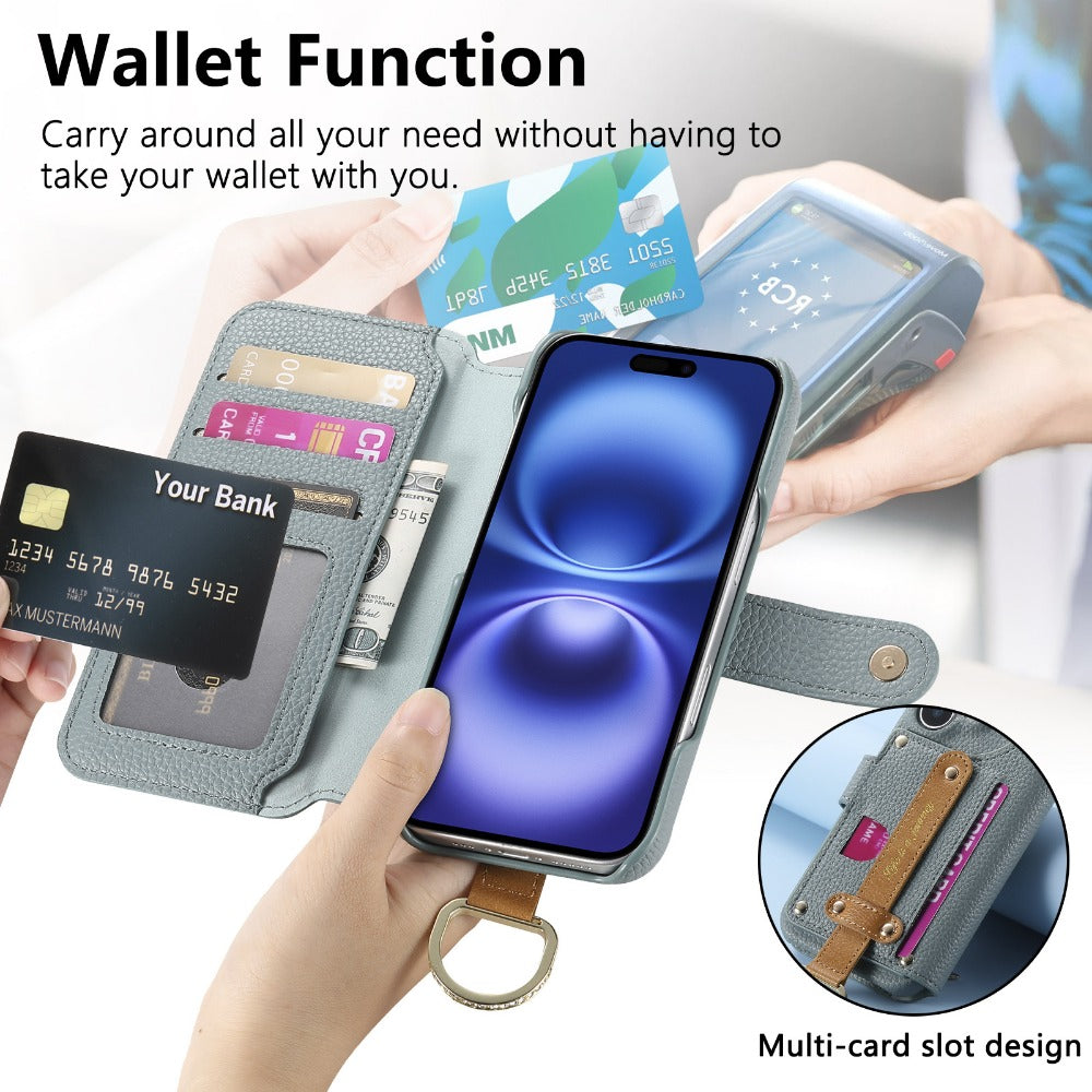 Luxury Wallet Flip iPhone Case – Card Slot Holder, Wrist Strap, Ring Kickstand, Shockproof Cover for iPhone Models