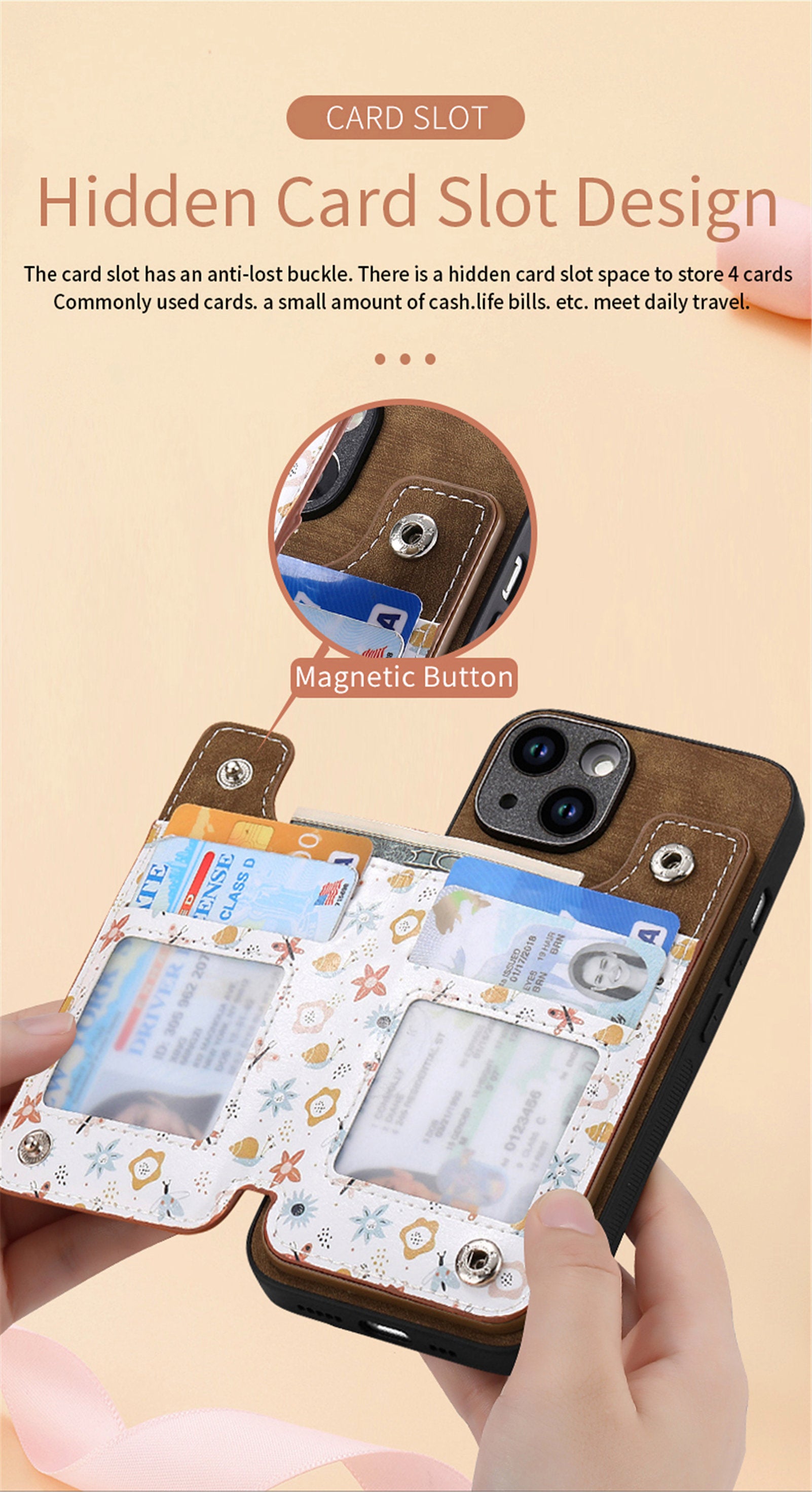 Zipper Card Slot Wallet Case – Magnetic Closure, Purse Pocket, Floral Design, Shockproof Protective Cover for iPhone