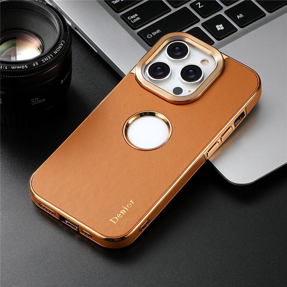 Luxury Business Cowhide Leather Case – Plating Shockproof Cover for iPhone Models, Sleek and Durable Design