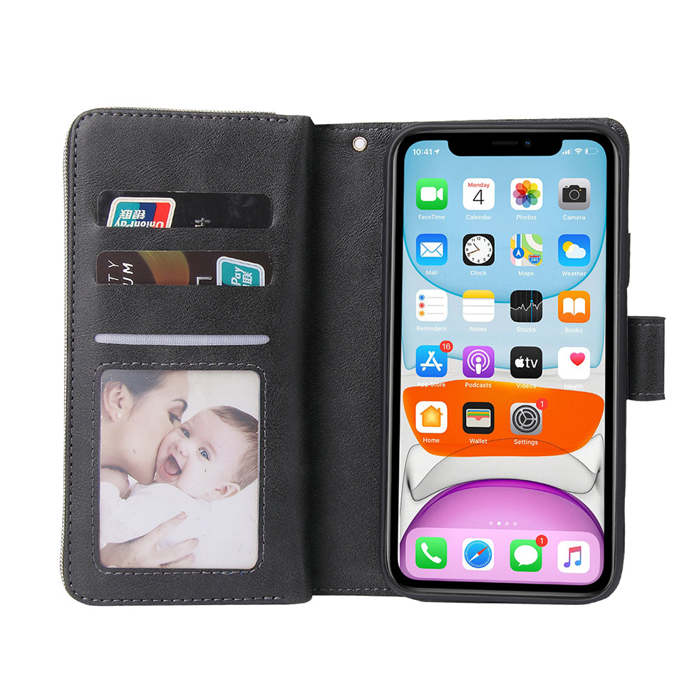 Premium 9 Card Slots Leather Wallet Case – Durable Zipper Flip Cover, Magnetic Stand, Shockproof Protection, Multi-Card Holder for iPhone