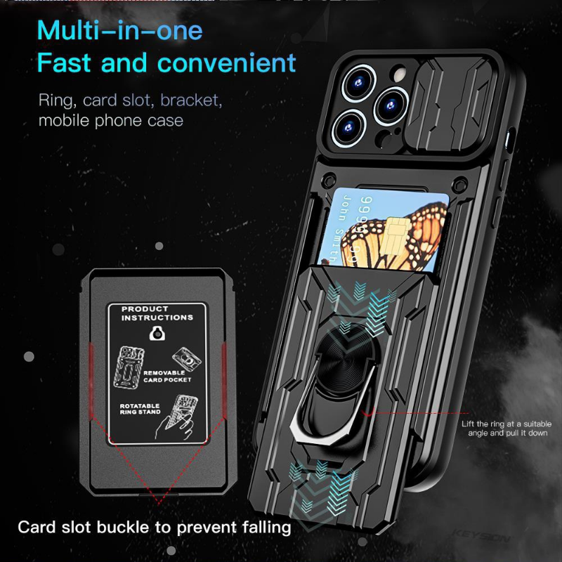 Military Grade Magnetic iPhone Case – Slide Camera Cover, Card Slot, 360° Ring Stand for iPhone Models