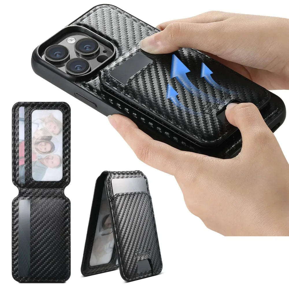 Premium 2-in-1 Carbon Fiber Wallet Case – Magnetic Card Holder, Removable Cover, Shockproof Protection, Sleek Design for iPhone Models