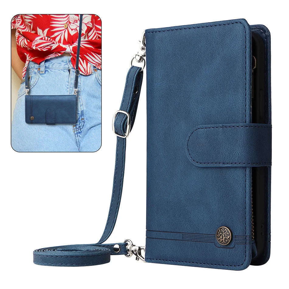 Premium Retro Flip Leather Case – Zipper Wallet, Multi-Card Slots, Necklace Lanyard, Magnetic Closure, Shockproof Protection for iPhone