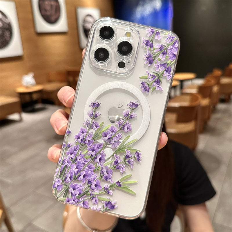 Transparent Floral MagSafe Case - Clear Shockproof Phone Cover with Magnetic Wireless Charging Compatibility Case for iPhone