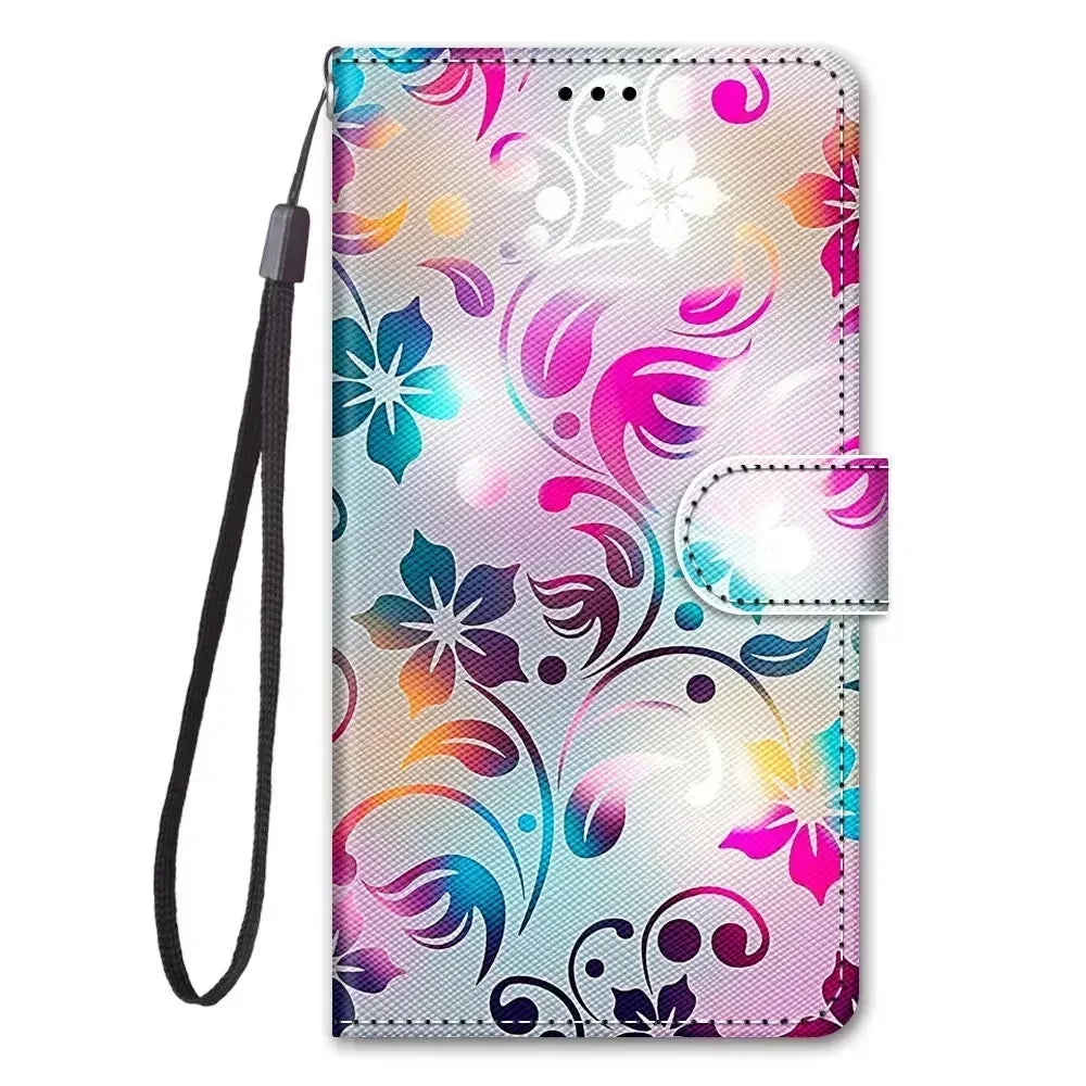 Kids Wallet Flip Case for iPhone – Etui Card Holder, Flower & Cat Painted Pattern, Leather Phone Cover with Magnetic Closure