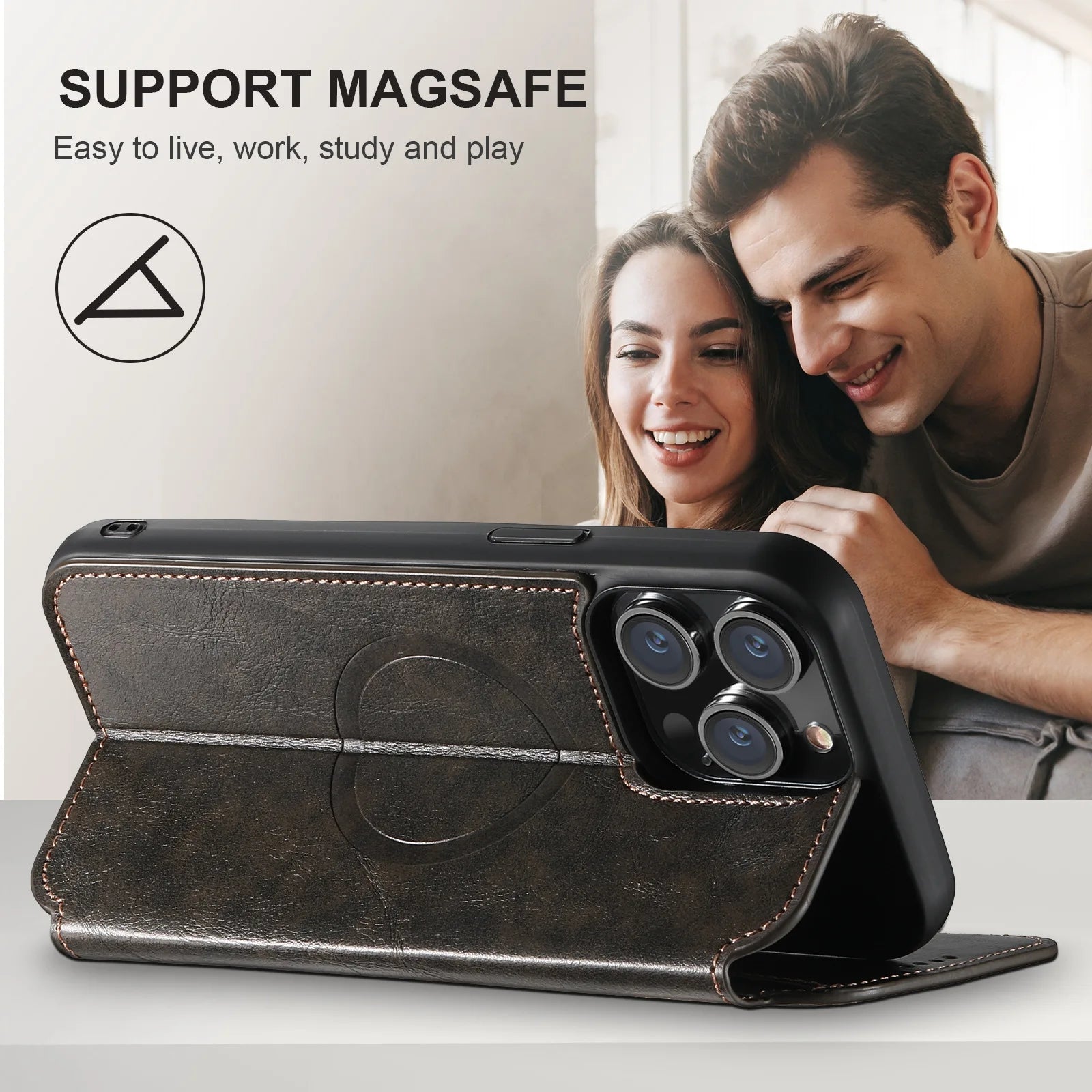 Luxury Leather Magnetic Flip Case – MagSafe Wallet Card Holder, Wireless Charging Compatible, Shockproof Protection, Elegant Design for iPhone Models