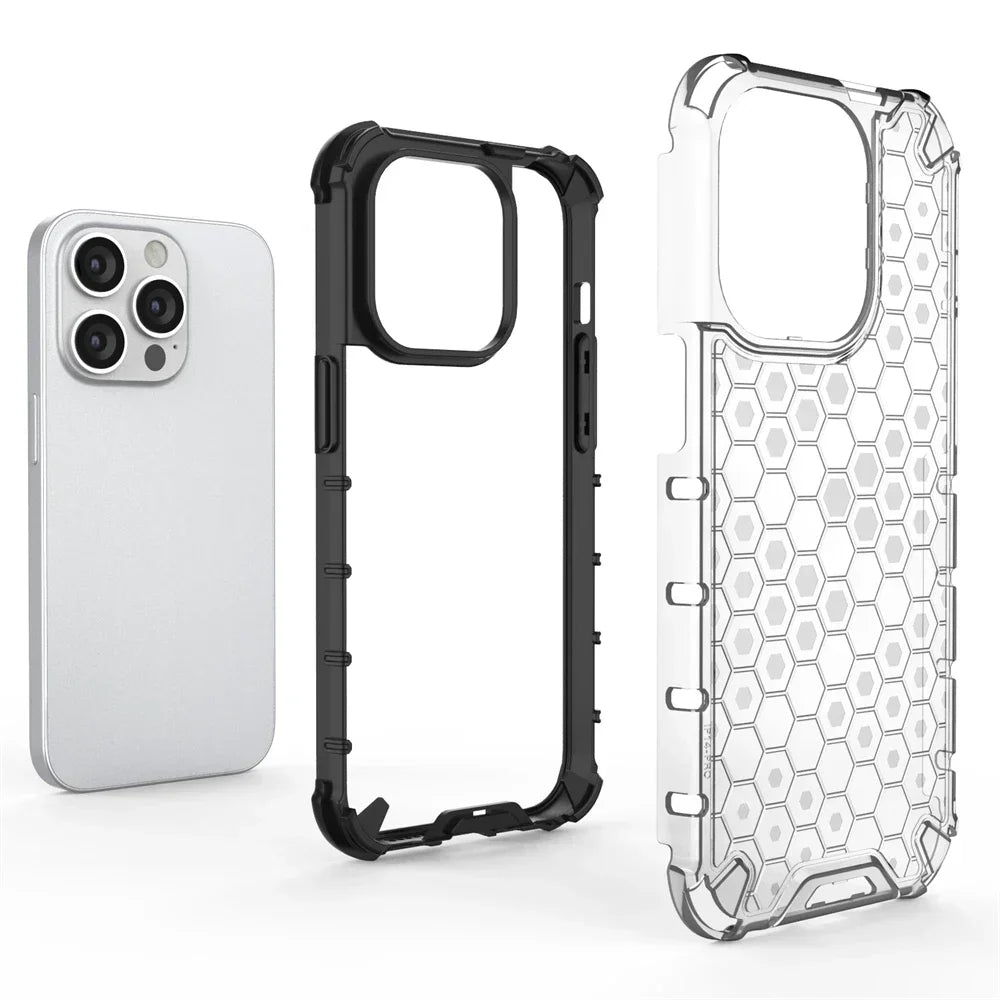 KEYSION Shockproof Armor Case – Soft Silicone + PC Transparent Honeycomb Back Cover for iPhone Models, Durable and Protective Design