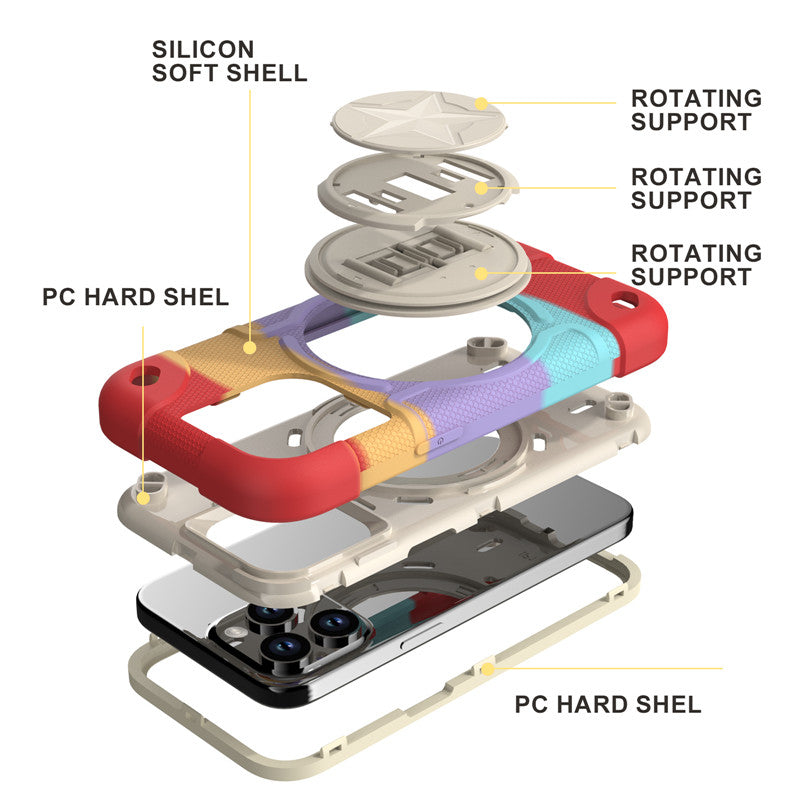 Shield Rotating Ring Rugged Stand Case – Five-Pointed Star Design, Macaron Color Bumper Cover, Durable Protection for iPhone Models