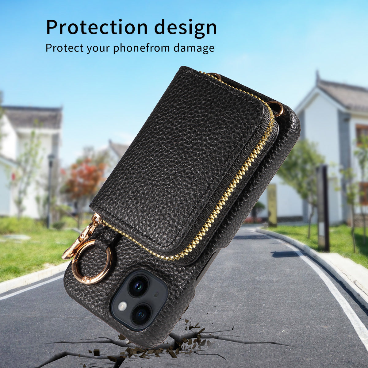 Luxury Zipper Wallet Crossbody iPhone Case – Leather Cover with Card Holder, Lanyard Strap, and Full Protection for iPhone Models