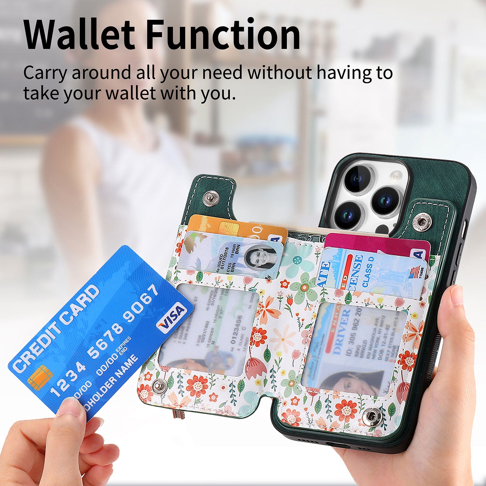 Zipper Card Slot Wallet Case – Magnetic Closure, Purse Pocket, Floral Design, Shockproof Protective Cover for iPhone