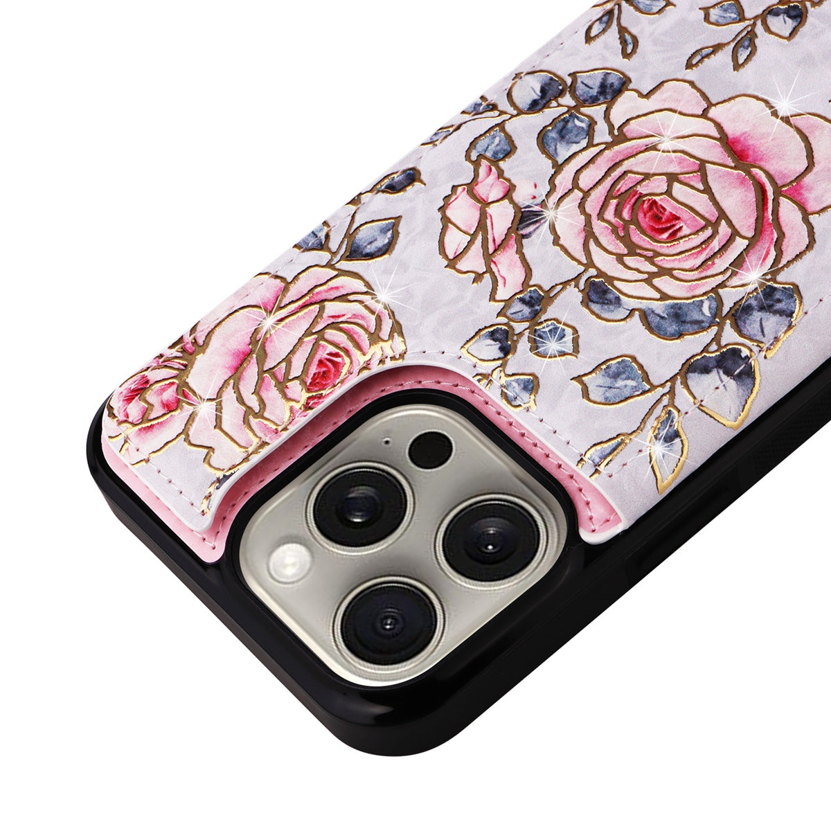 Hot Stamped Floral Wallet Case – Card Slots, Flip Cover, Magnetic Closure, Elegant Leather Design, Shockproof Protection for iPhone