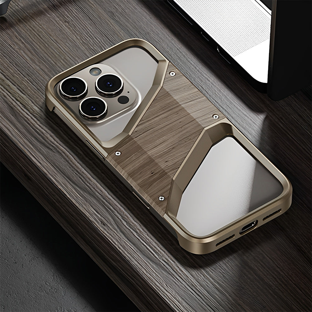 Irregular Metal Frame iPhone Case – Aluminum Alloy and Solid Wood Shockproof Frameless Cover for iPhone Models, Durable and Unique Design