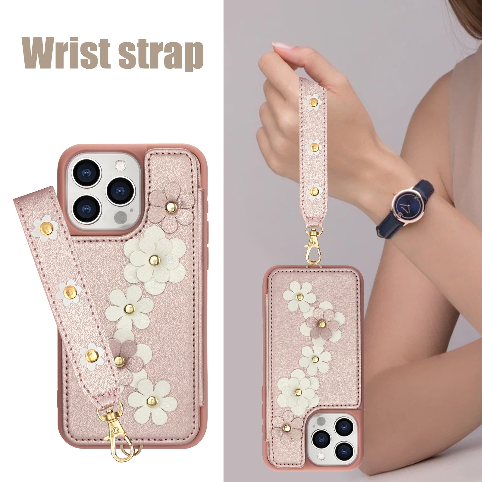 Luxury Crossbody Wallet Leather Phone Case – 3D Flower Design, Card Slot, Wrist Strap, Magnetic Closure, Protective Cover