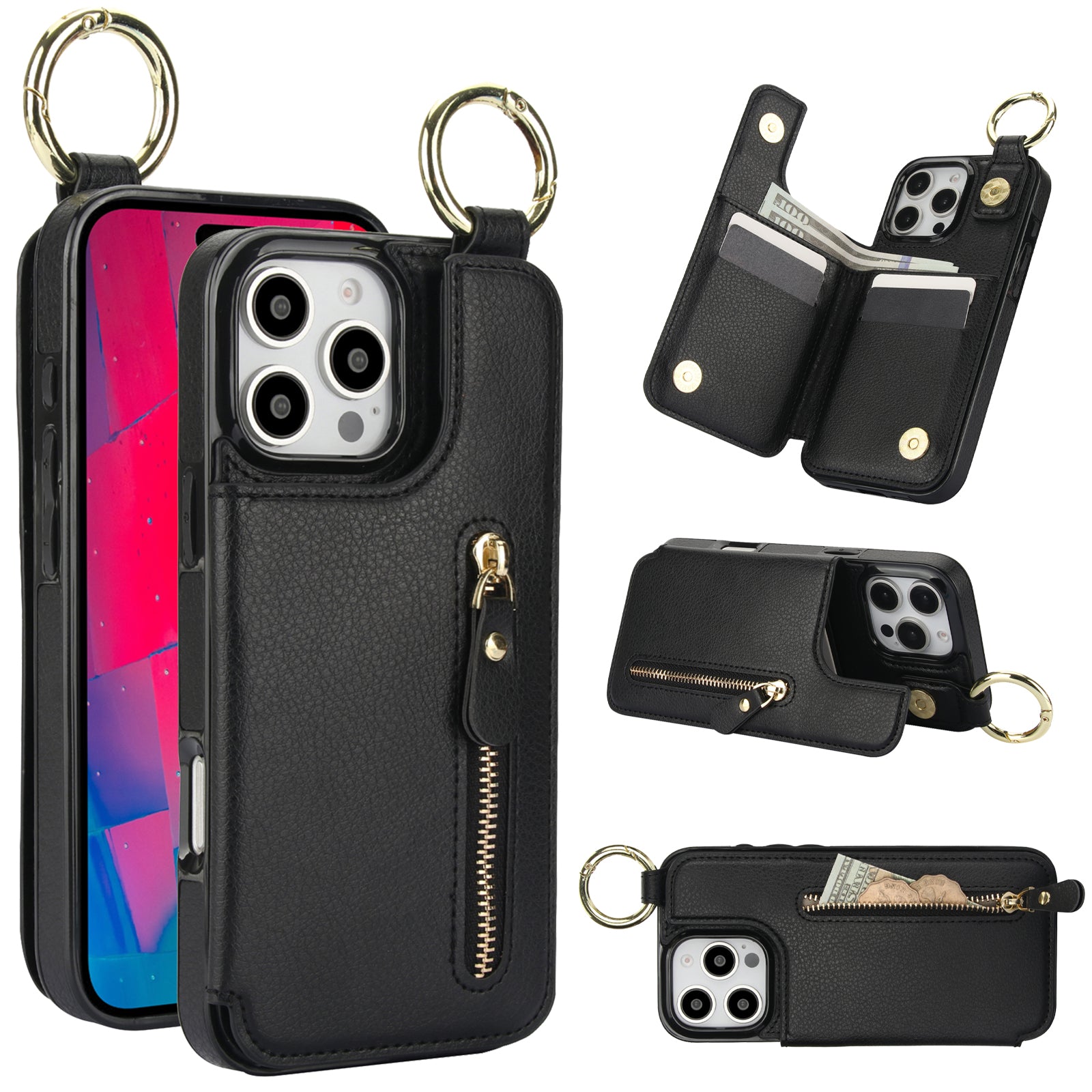 Luxury Zipper Wallet Leather iPhone Case – Card Holder, Ring Stand, Shockproof Protection, and Crossbody Design for Secure & Stylish Convenience