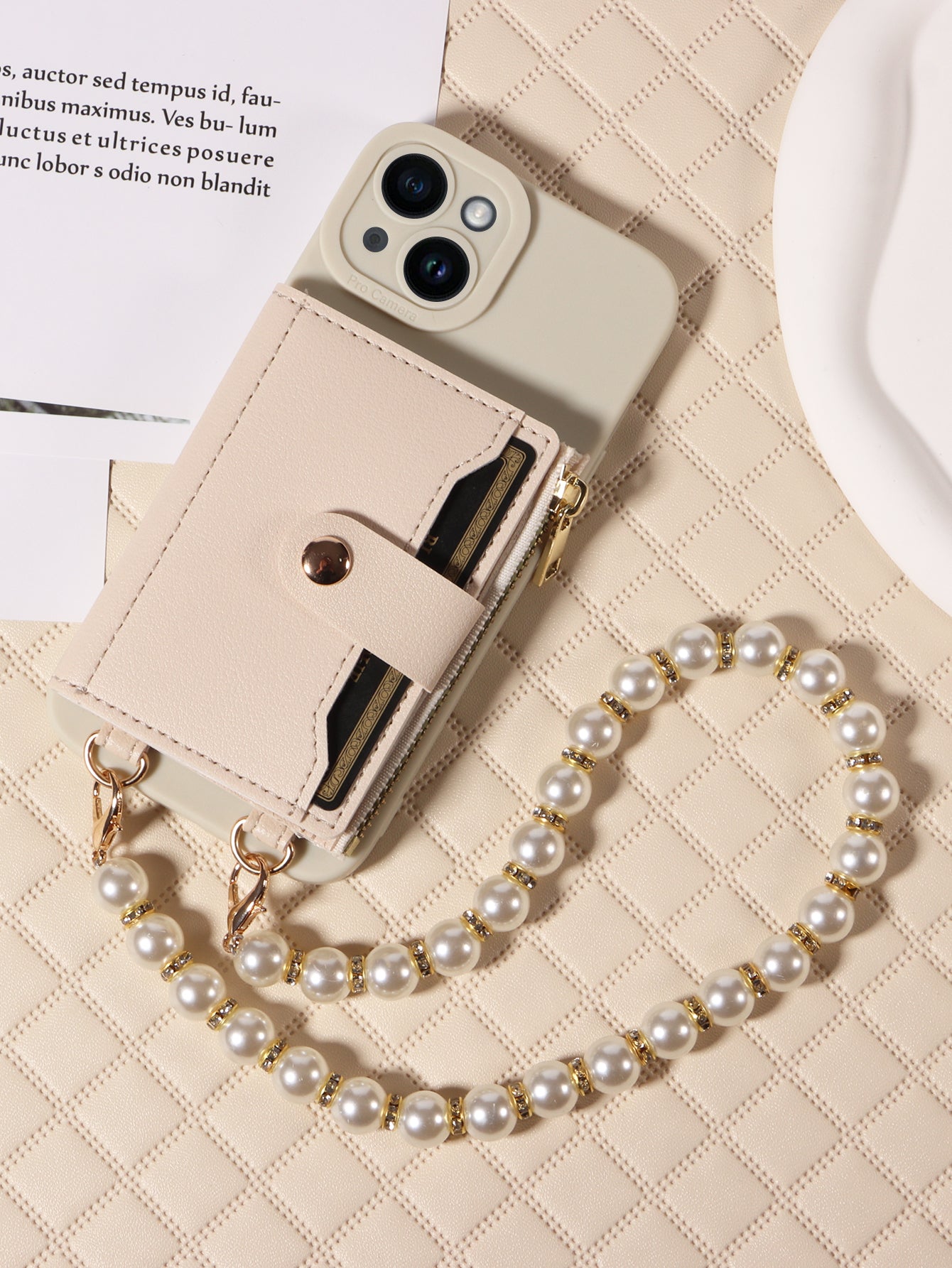 Luxury Stylish Mirror Zipper and Pearl Cord Phone Case for iPhone – Fall-Proof Faux Leather, Crossbody Purse for iPhone