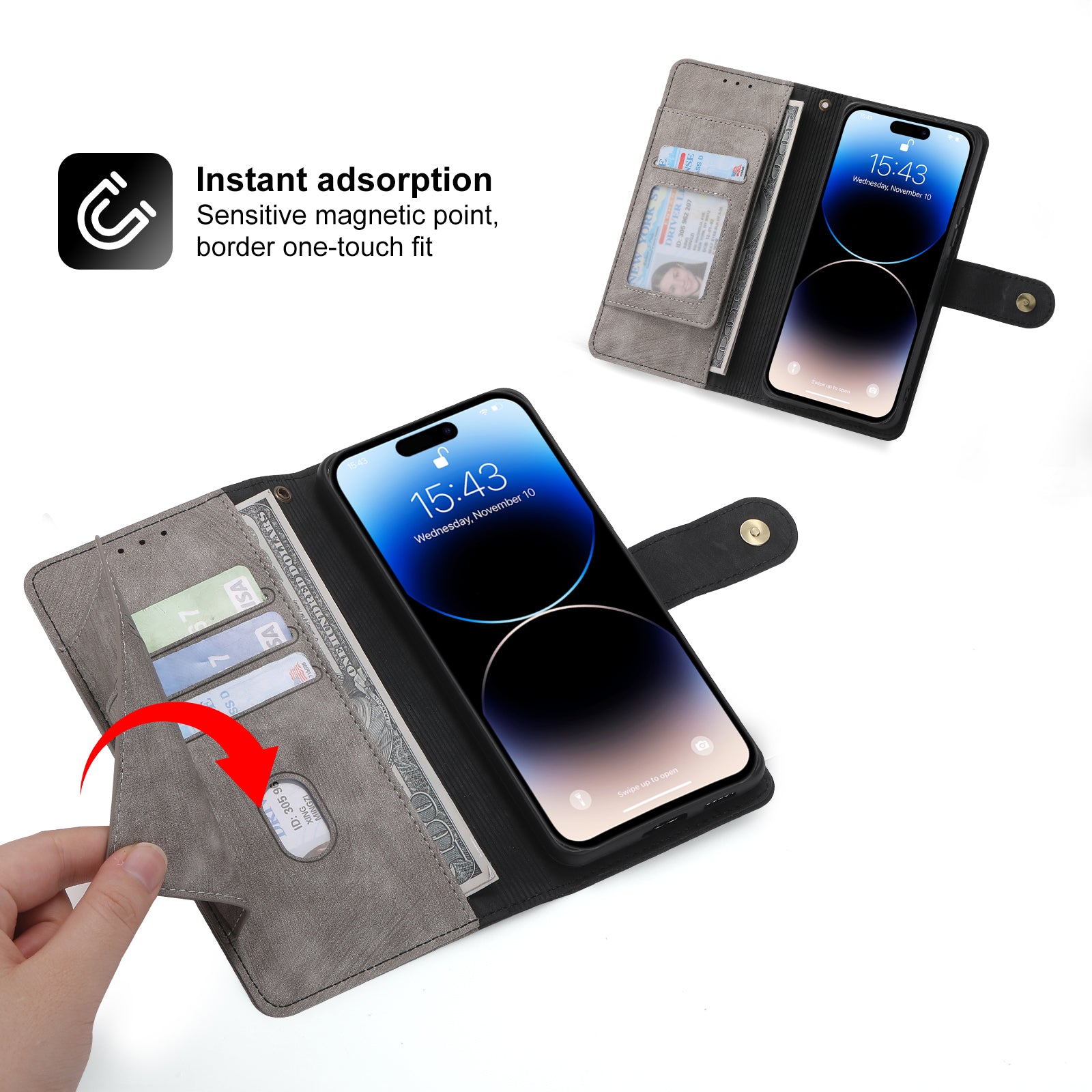 RFID Blocking Leather Wallet Case – Zipper Flip Cover, Card Slot Holder, Magnetic Stand, Shockproof Protection, Premium Design for iPhone