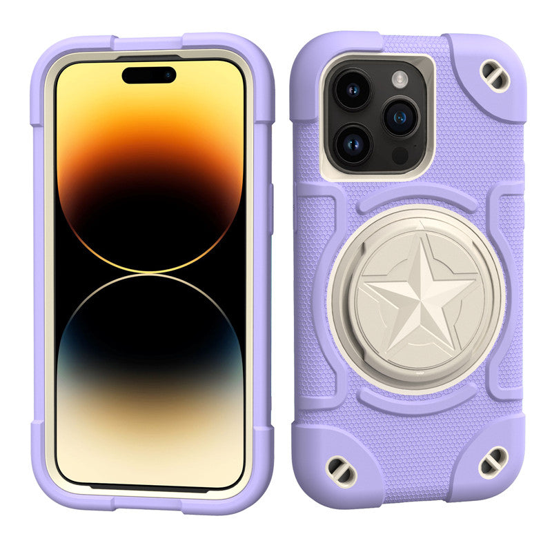 Shield Rotating Ring Rugged Stand Case – Five-Pointed Star Design, Macaron Color Bumper Cover, Durable Protection for iPhone Models