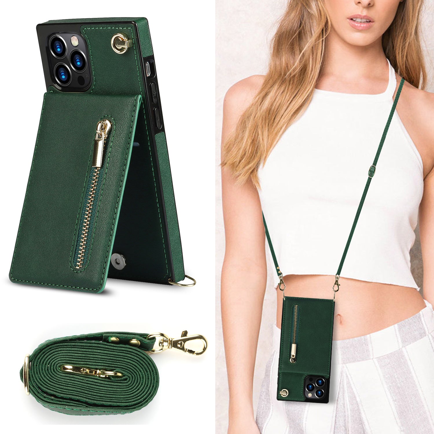 Luxury Zipper Wallet Crossbody Leather iPhone Case – Card Holder, Lanyard Strap, Shockproof Protection, Magnetic Closure, Stylish Flip Cover for iPhone