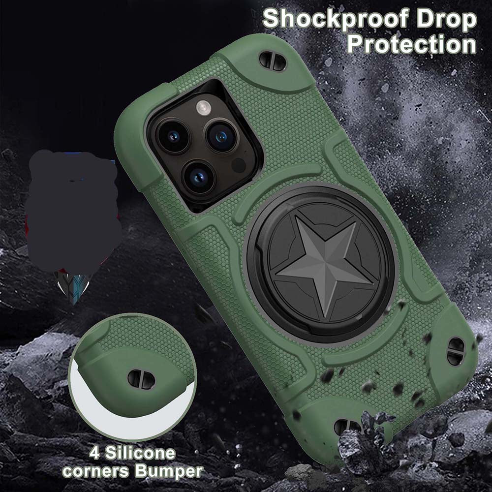 Shield Rotating Ring Rugged Stand Case – Five-Pointed Star Design, Macaron Color Bumper Cover, Durable Protection for iPhone Models