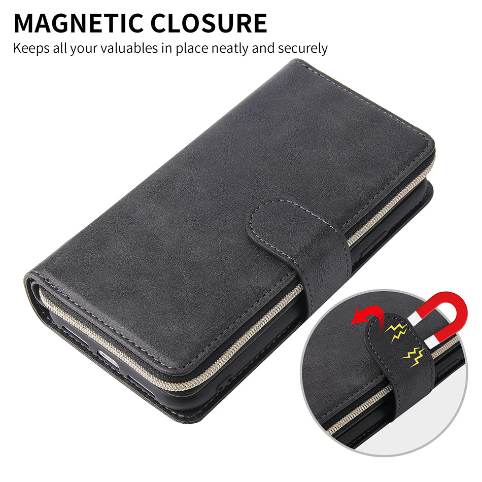 Premium 9 Card Slots Leather Wallet iPhone Case – Durable Zipper Flip Cover, Magnetic Stand, Shockproof Protection, Multi-Card Holder for iPhone