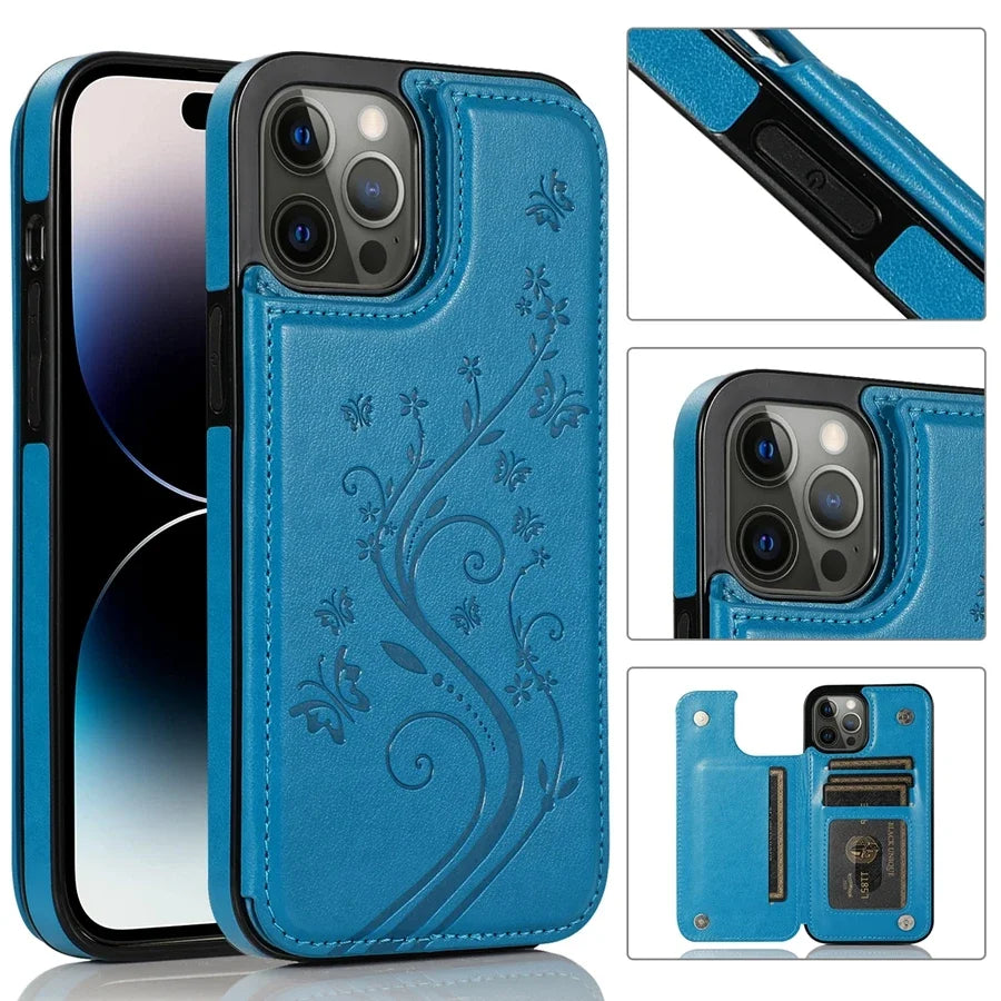 Luxury Wallet Butterfly Embossed Leather iPhone Case – Magnetic Flip, Card Slot, Stand Function, Shockproof Protective Cover