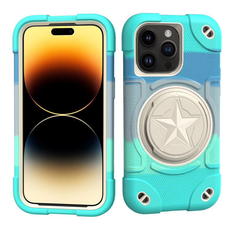 Shield Rotating Ring Rugged Stand Case – Five-Pointed Star Design, Macaron Color Bumper Cover, Durable Protection for iPhone Models