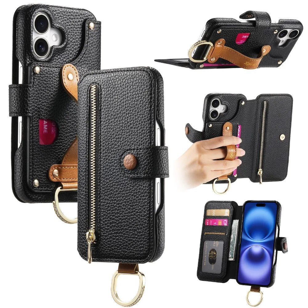 Luxury Wallet Flip iPhone Case – Card Slot Holder, Wrist Strap, Ring Kickstand, Shockproof Cover for iPhone Models