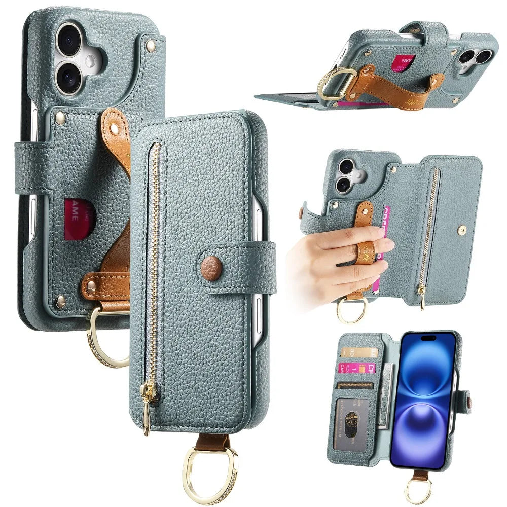 Luxury Wallet Flip iPhone Case – Card Slot Holder, Wrist Strap, Ring Kickstand, Shockproof Cover for iPhone Models