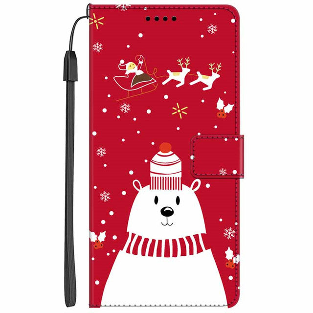 Christmas Flip Leather Wallet iPhone Case – Festive Santa Claus Design, Card Holder, Magnetic Closure, Shockproof Protection