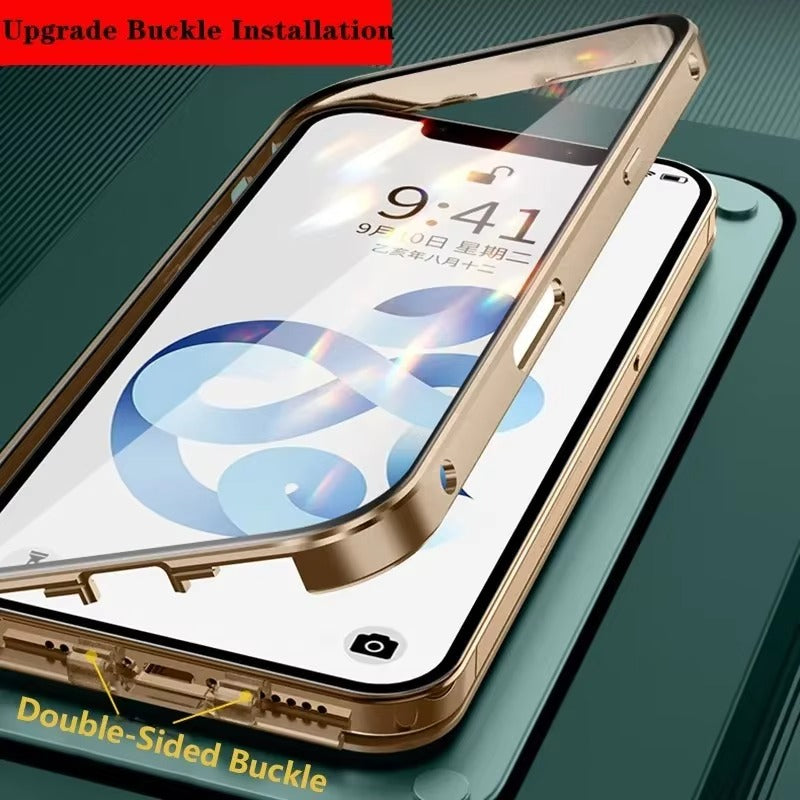 Luxury Apple iPhone Case MagSafe Compatible, Camera Lens & Screen Protection,  Cover with Double-Sided Glass Bumper Lock