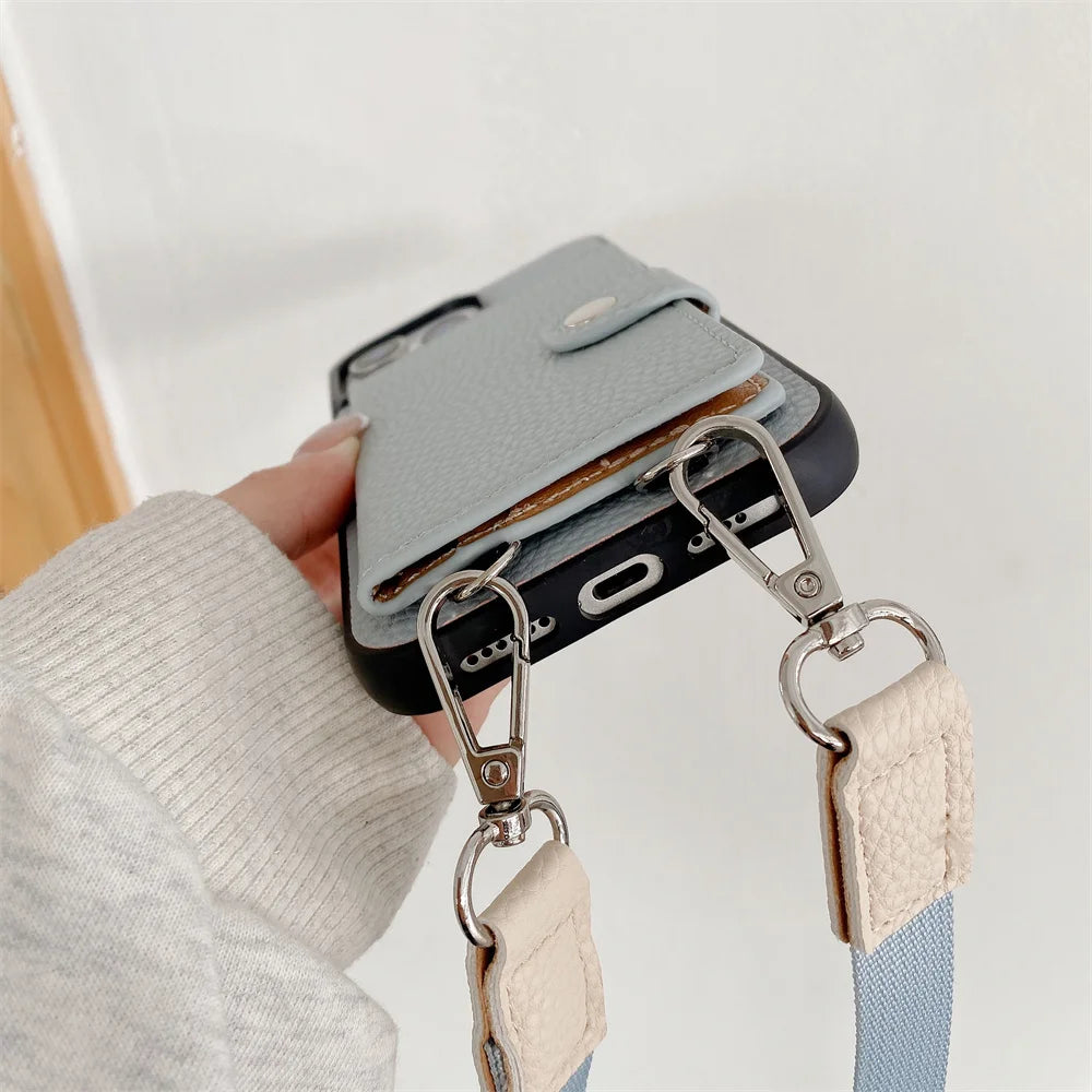 Luxury Crossbody Wallet Card Slot Coin Purse for iPhone 16, 15 Plus, 14, 13, 12, 11, 7, 8 Pro Max – Leather Lanyard Protective Phone Case Cover