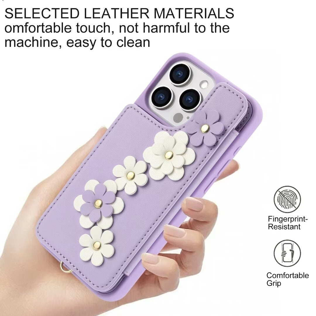 Luxury Crossbody Wallet Leather Phone Case – 3D Flower Design, Card Slot, Wrist Strap, Magnetic Closure, Protective Cover