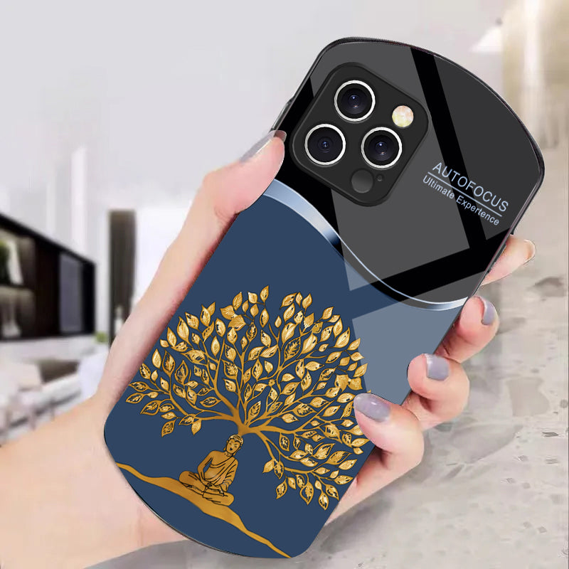 Golden Wealth Tree Phone Case – Elegant Tempered Glass for iPhone Models, Durable Protection, Stylish Elliptical Design