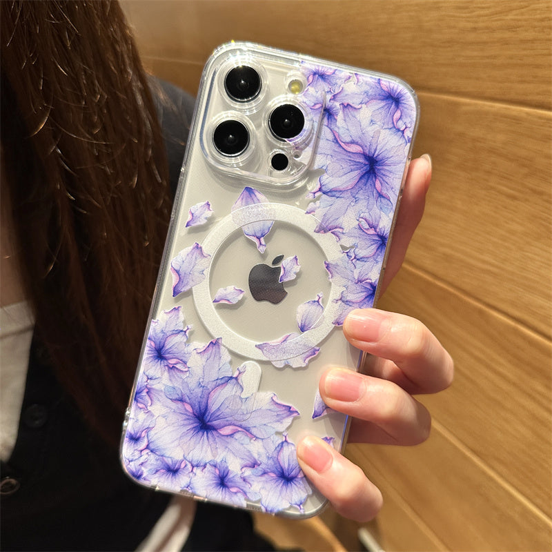 Transparent Floral MagSafe Case - Clear Shockproof Phone Cover with Magnetic Wireless Charging Compatibility Case for iPhone