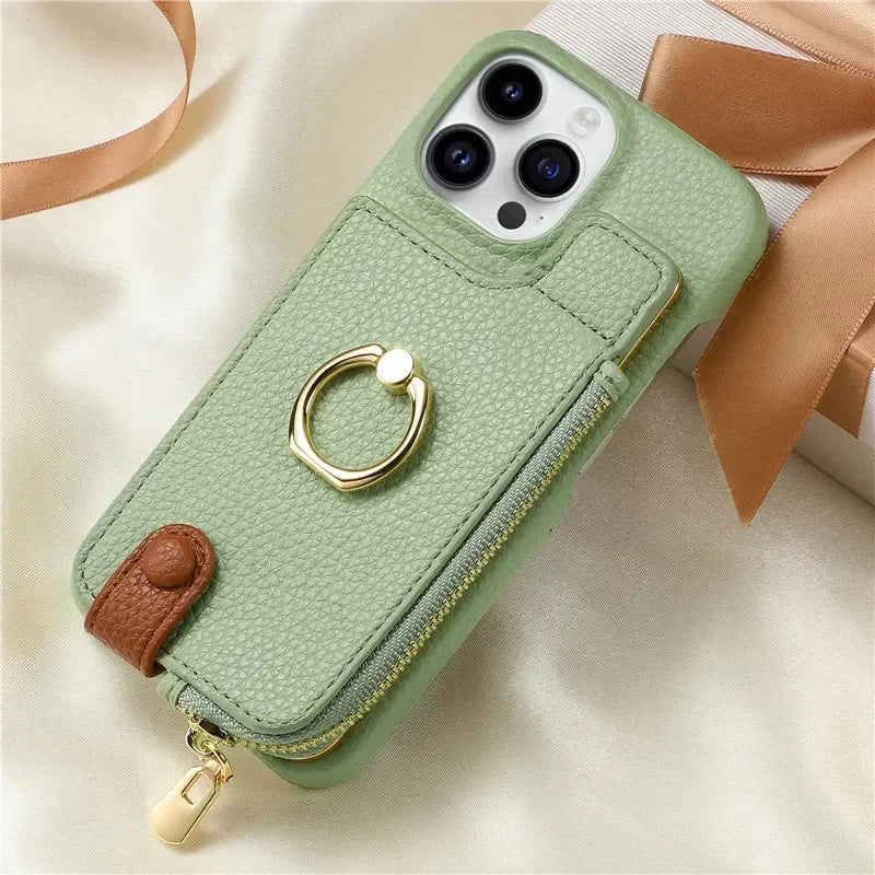 Luxury Leather Zipper Wallet Phone Case – Card Holder, Ring Kickstand, Shockproof Cover for iPhone Models