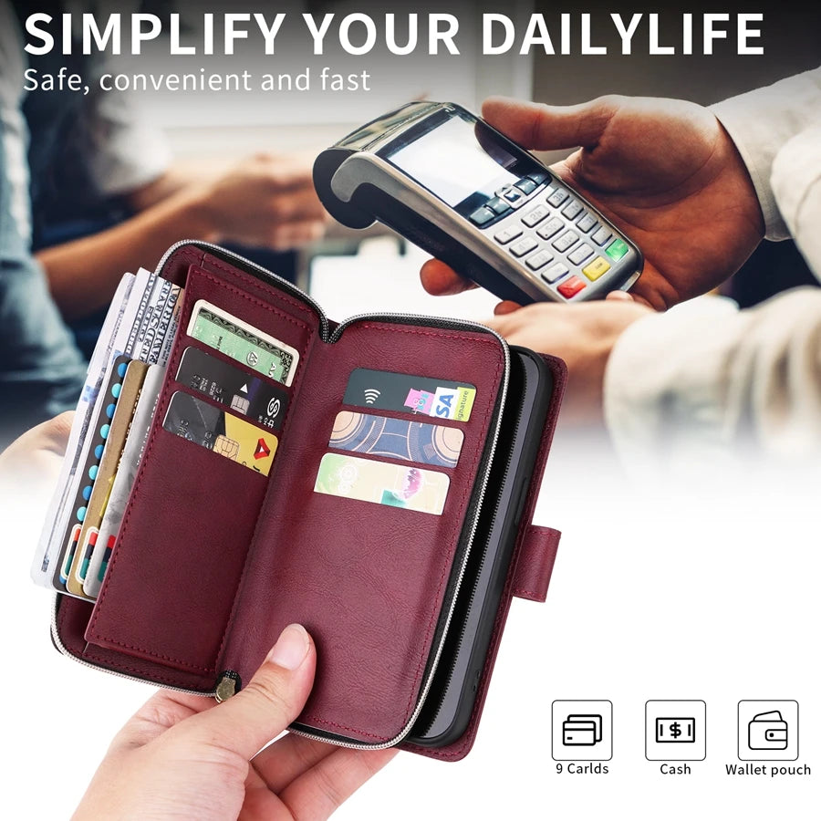 Premium 9 Card Slots Leather Wallet Case – Durable Zipper Flip Cover, Magnetic Stand, Shockproof Protection, Multi-Card Holder for iPhone