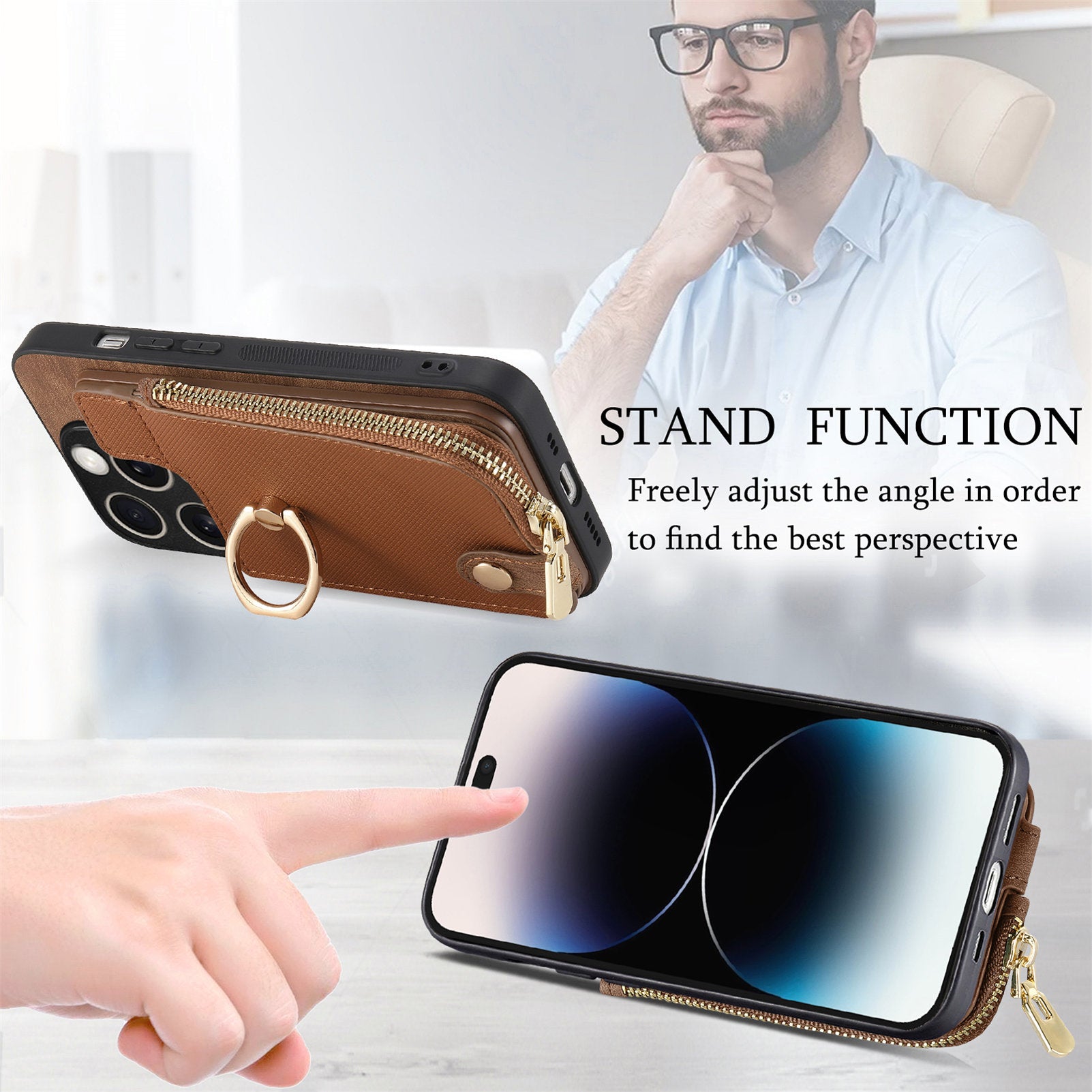 Luxury Zipper Wallet Leather iPhone Case – Card Holder, Ring Kickstand, Shockproof Protection, and Stylish Crossbody Design for Secure & Convenient Use